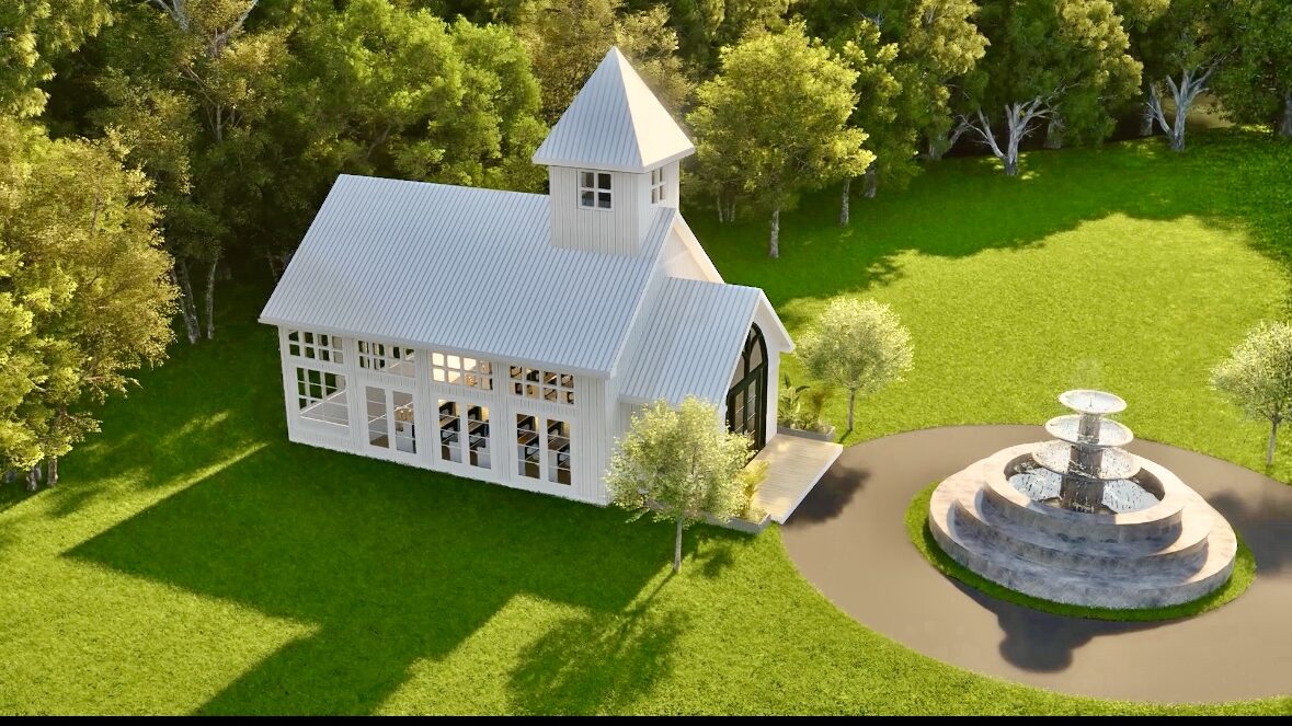 Luxury wedding venue Indiana – The Promise Chapel with floor-to-ceiling glass and French doors for indoor and outdoor ceremonies