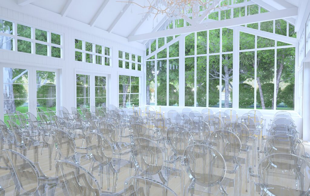Interior of The Promise of 2912 wedding chapel showing the altar and floor-to-ceiling glass windows in Indiana